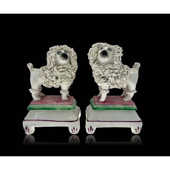 Antique Staffordshire Porcelain Mantle Pair Poodle Dogs on Pedestals ENGLAND
